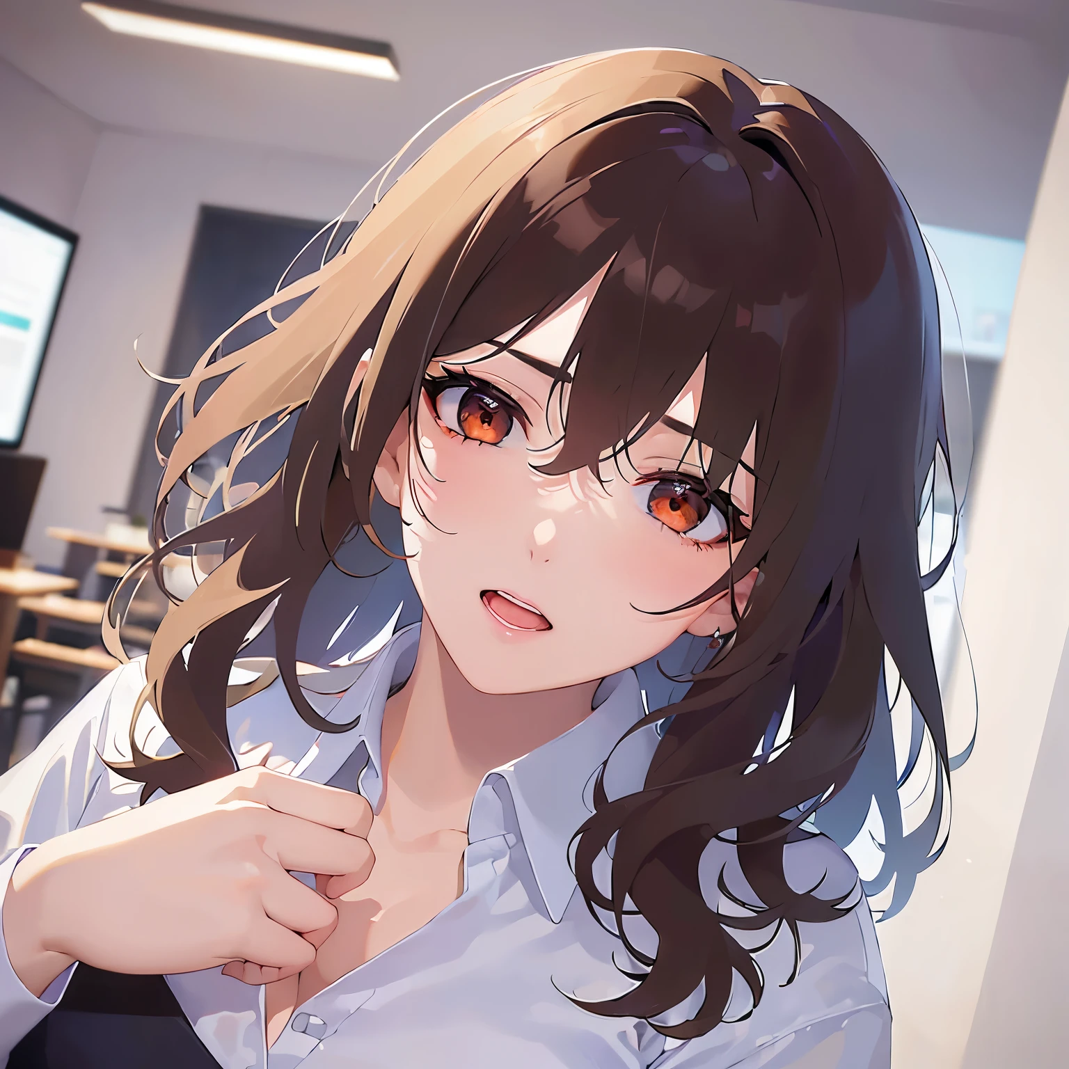 （looking at viewer:1.5）Upper Body, hand on own face、
Realistic, real person, (pale skin: 1.2), RAW photo, photorealistic, shiny skin, shiny hair、(A 25-year-old woman with medium-length hair and bangs) and (wavy hair) and (brown hair) and (orange eyes) ,
(Wearing a business suit:1.5) and (Wearing a white collared shirt)、
Serious、open mouth,The background is the conference room、(alone:1.5)