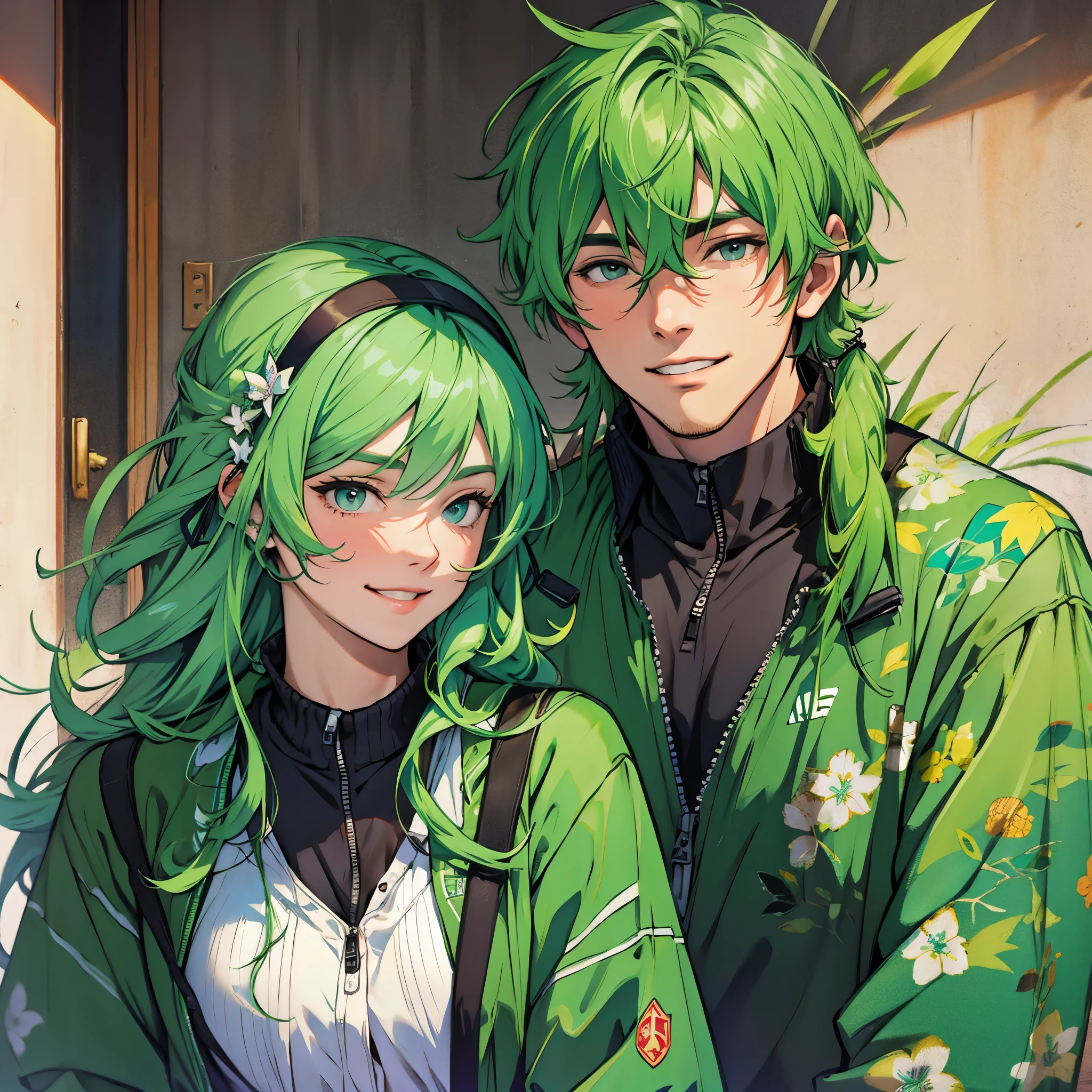 A man and a woman in green clothes smiling gently。In a gentle atmosphere。