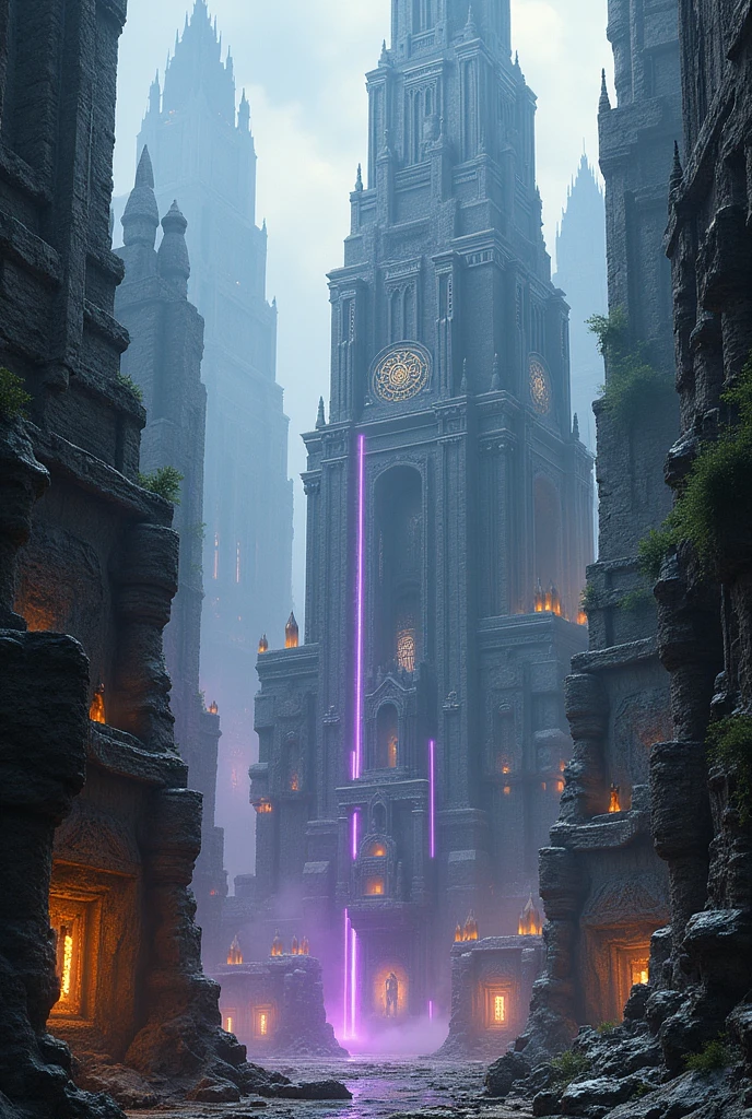 Show an environment of huge old uniqe buildings where technology and magic intertwine in a visually striking way, arcane buildings style. Focus on that mix circuits and magical runes. Add elements like glowing crystals and magical energy beams interacting with technology, creating an atmosphere charged with mysticism and technological decadence. The scene should reflect the fusion of technology and magic, with a color palette that combines metallic tones, electric and magical, showing the contrast between technological advancement and post-apocalyptic wear and tear