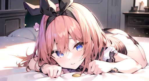 masterpiece, Highest quality, High resolution, One person, alone, Mitsuri DS, short hair, Orange Hair, Long Hair, blue eyes, Pink lipstick, Captivating smile, Blushing, Pink heart face, Sexy pose, Charm, chest, Bedroom, Lying in bed, grass bed, blue eyes, Ribbon on head