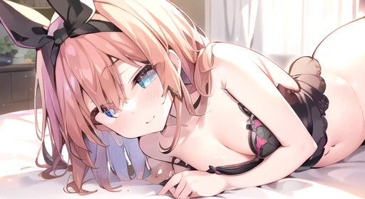 masterpiece, Highest quality, High resolution, One person, alone, Mitsuri DS, short hair, Orange Hair, Long Hair, blue eyes, Pink lipstick, Captivating smile, Blushing, Pink heart face, Sexy pose, Charm, chest, Bedroom, Lying in bed, grass bed, blue eyes, Ribbon on head
