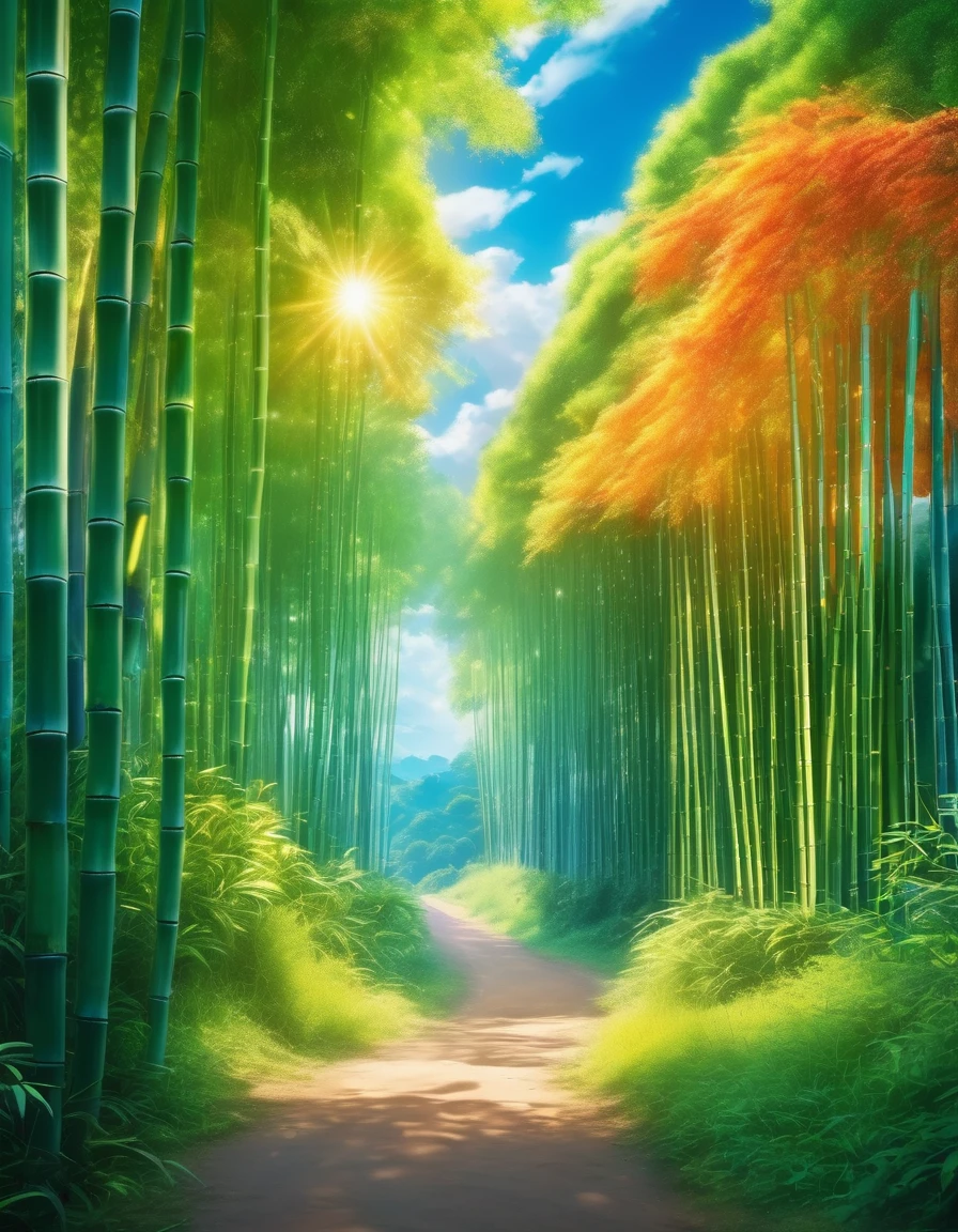 In this breathtaking scene, a majestic bamboo grove sways gently in the soft breeze, its delicate green leaves rustling softly amidst warm sunlight filtering through the canopy above. A winding dirt path meanders through the tranquil landscape, inviting exploration. In the distance, a vibrant nebula glows bright orange and blue, set against a backdrop of twisted clouds. The air is filled with magic as the camera captures every detail in ultra-high definition, with physically-based rendering creating an immersive experience. The scene is bathed in studio lighting, with sharp focus and vivid colors bringing the fantasy world to life in anime style.