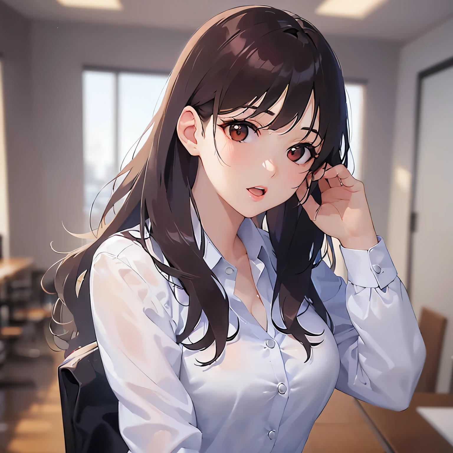 Upper Body, Realistic, real person, (pale skin: 1.2), RAW photo, photorealistic, portrait photography, shiny skin, shiny hair、(A 25-year-old woman with medium-length hair and bangs) and (wavy hair) and (brown hair) and (orange eyes) , (business suit:1.5) and (White shirt） 、smile, open mouth, The background is the office、Alone、Are standing