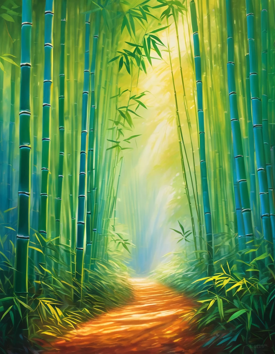 In a serene bamboo forest, a majestic grove of slender stalks sway gently, their delicate green leaves rustling softly in the breeze. Warm sunlight filters through the canopy above, casting dappled shadows on the forest floor. A winding dirt path meanders through the tranquil landscape, inviting exploration. In the sky above, a vibrant orange and blue nebula glows brightly, surrounded by twisted clouds that seem to dance with magic. The camera captures every detail, from the ultra-fine painting-like texture of the bamboo to the physically-based rendering of the forest floor. The scene is bathed in vivid colors, reminiscent of Anime style fantasy worlds.