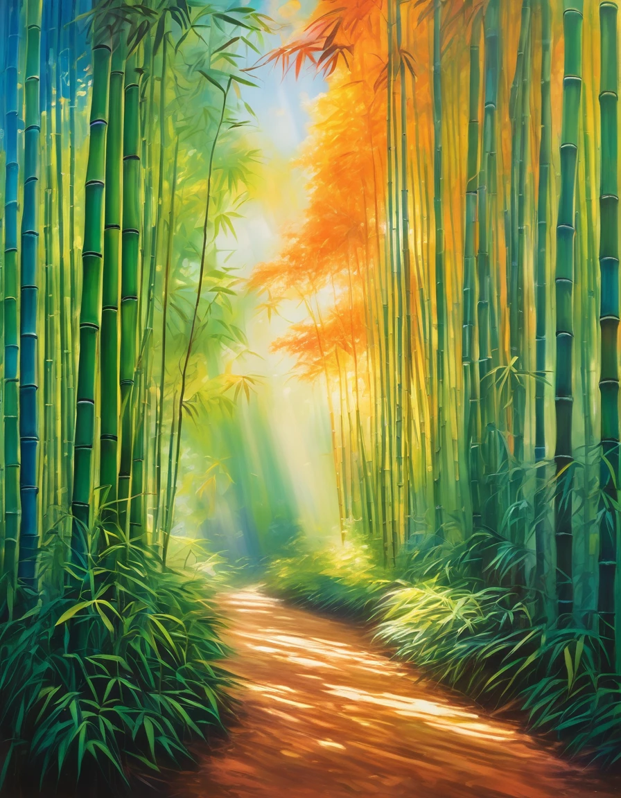 In a serene bamboo forest, a majestic grove of slender stalks sway gently, their delicate green leaves rustling softly in the breeze. Warm sunlight filters through the canopy above, casting dappled shadows on the forest floor. A winding dirt path meanders through the tranquil landscape, inviting exploration. In the sky above, a vibrant orange and blue nebula glows brightly, surrounded by twisted clouds that seem to dance with magic. The camera captures every detail, from the ultra-fine painting-like texture of the bamboo to the physically-based rendering of the forest floor. The scene is bathed in vivid colors, reminiscent of Anime style fantasy worlds.