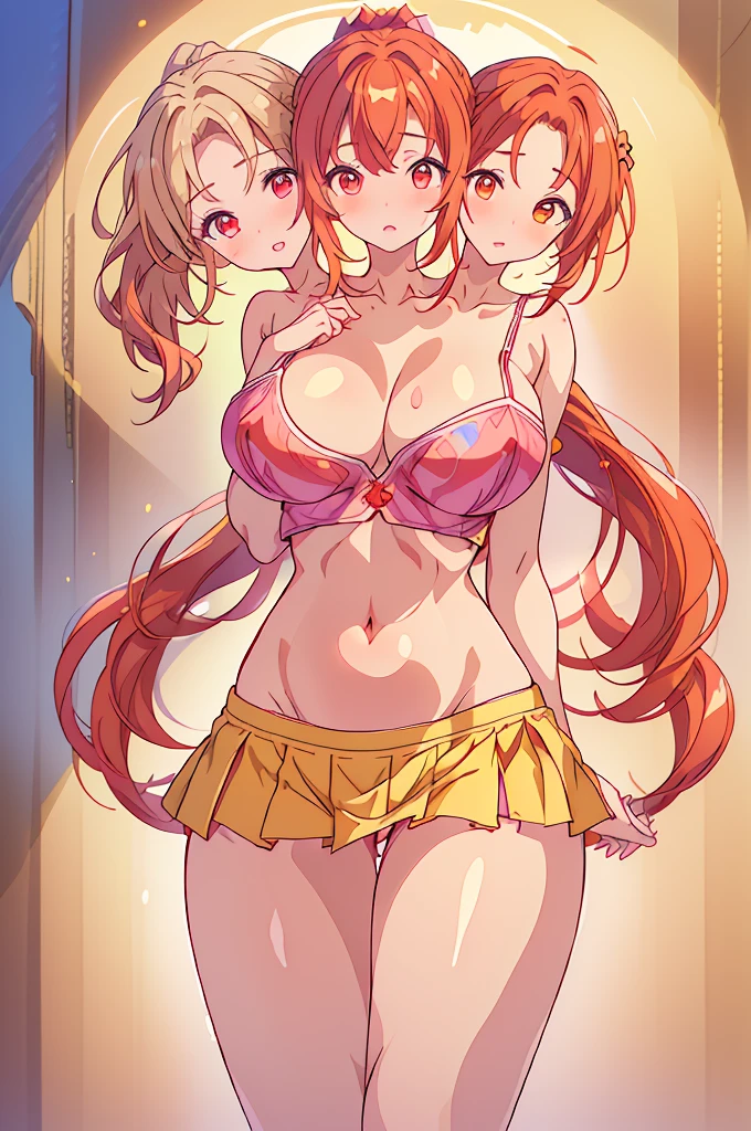 (masterpiece, best quality), best quality, (ultra-detailed), ((3heads:1.5)), 1girl, (kotohime:1.3), masterpiece, best quality, ultra quality, ultra resolution, ultra detail, purple top, crop top, ((stomach)), midriff, ((groin)), exposed open belly, purple skirt, red flower markings, normal ears, shackles, red hair, very long hair, wavy hair, (examiner ponytail:1.5), red eyes, detailed eyes, beautiful eyes, pupils, parted lips, open belly, sweat, cute, toned belly, hand on own chest, eyelashes, (25 year old woman:1.3), (masterpiece:1.5), (best quality:1.5), (beautiful detailed), extremely detailed CG, extremely delicate and beautiful, depth of field, (finely detailed face), (perfect details:1.2), (mature female:1.3), wide pelvis, slender, large veiny breast, 16k resolution, highres, very high quality, very high definition, extremely detailed, masterpiece, ((red hair)), long hair, alluring presence, braid, short skirt, close up, very big tits, very huge breasts, yellow bow in her hair, young, 3heads, three headed girl, ((redhead)),