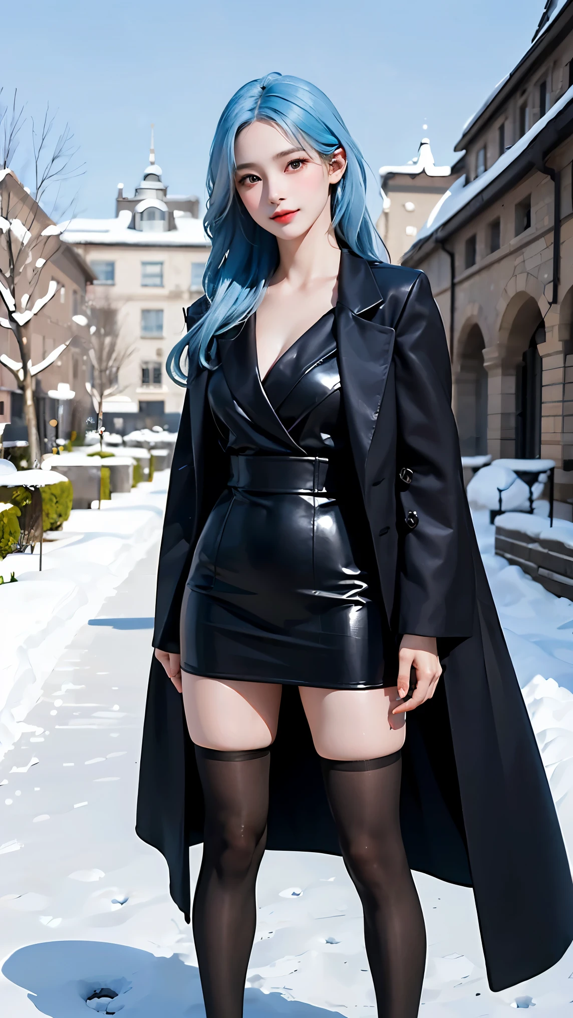(full body shot), one girl, ((Light light blue hair)) , ((light blue pupil)), light smile, Glowing bronze skin, best quality, masterpiece, (realistic:1.4), (((I have a lot of fine muscles all over my body.)), , ((Her fit body visible in her neat attire))、(Domineering expression), bijouterie, Sky blue long hair, hair length reaching pelvis, pointed nose, pretty face, black formal , Black long coat, Coffee-colored stockings, The magical era castle is the background, Winter snow falls