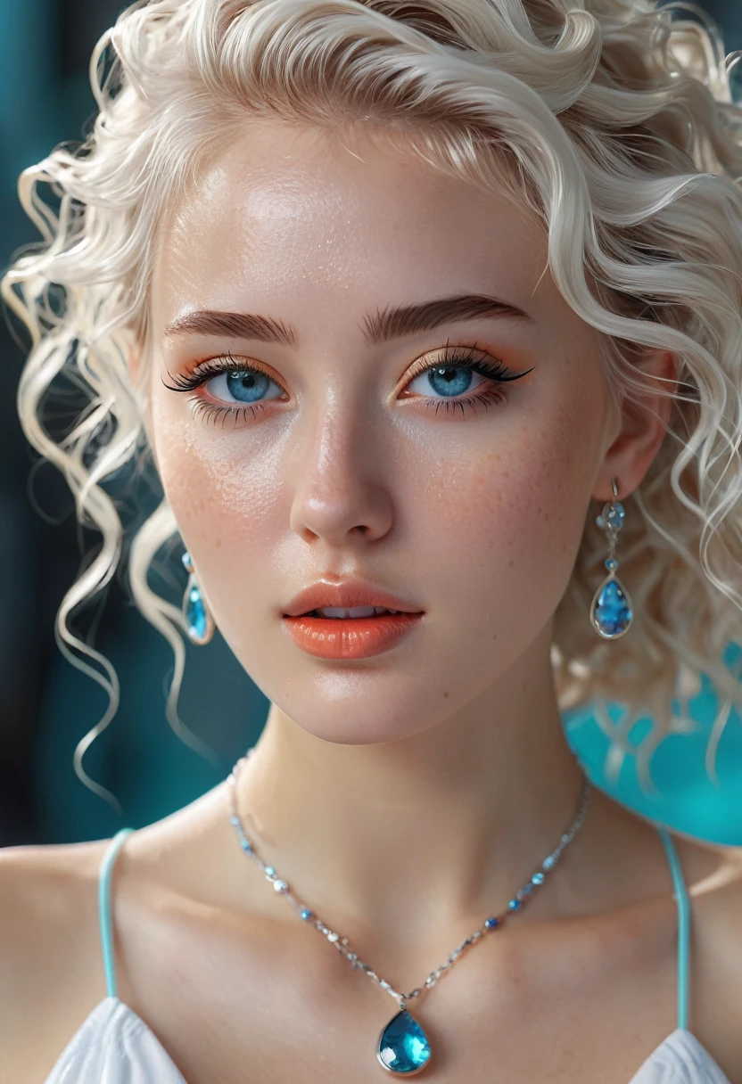 (full body shot:1.5), ultra detailed beautiful woman, 18 year old woman, stunningly beautiful, (extremely complex:1.5), (photorealistic:1.4), ultra-detailed white wet transparent outfit, (sensual pose), (obscene face), sexy lips, Wife, , gigantic breasts, shyness, hip gap, Beautiful, Cute, cute, perfectly proportional body, perfect framing, (her whole body is covered in hair:1.6), a necklace made of blue gemstones, earrings, blue shadows are visible on the eyelids and eyeliner on the eyes, very long eyelashes, Stunningly beautiful face, Focus on the face, holographic, Light particles, very detailed photo, a high resolution, Very bold and bright colors, permission 32K, Best quality, Volumetric lighting, "Best quality", "masterpiece", Supermodel's face, detailed face, pale white skin, [[skin with freckles]], (((White wavy hair))), ultra realistic, high quality detailing, cover, capricious,  decrease, depth of field, art station, (luminism), (((cinematic lighting))), Orange & Turquoise, soft light, [Summer weather: Sunset Weather:2.5] 4k resolution, Octane render,