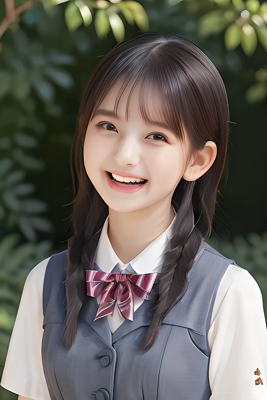 (highest quality, masterpiece, high resolution:1.2), 4K, (Photo quality detailed face: 1.2), (Giorgione painting style: 0.8), geometry, (16 yo cute girly Japanese girl with very detailed graceful cute smiling face: 1.2), Laughing cutely, (neat girly white short-sleeves school blouse: 1.0), (puffed short sleeves: 1.0), (big sharp breast: 0.8), (Dark red glossy school ribbon on the breast: 1.0), (Light gray Japanese school girly vest Uniform: 1.2), (Extremely laughing cheeks: 1.0), (Beautiful light-amber cute-dolly large clear laughing 14yo noble princesses eyes with very detailed cutely: 1.4), (Long bottom eyelashes: 1.2), (Glossy lips: 1.0), (braids under her ears: 1.3)