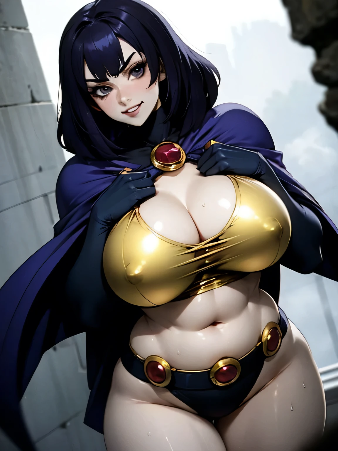 masterpiece,Raven ,Raven suit ,best quality,cape , long sleeves, blue gloves, red belt, gigantic breasts,muscle,in dungeon, looking at viewer, cowboy shot,black hair, curvy, golden eyes,a female tyrant with a penchant for torture,fog,drenched in sweat,pink cheeks,shiny suit ,smile, white teeth,gloomy light,balanced eyes,The two hands are interlaced in front of the chest,plump body


