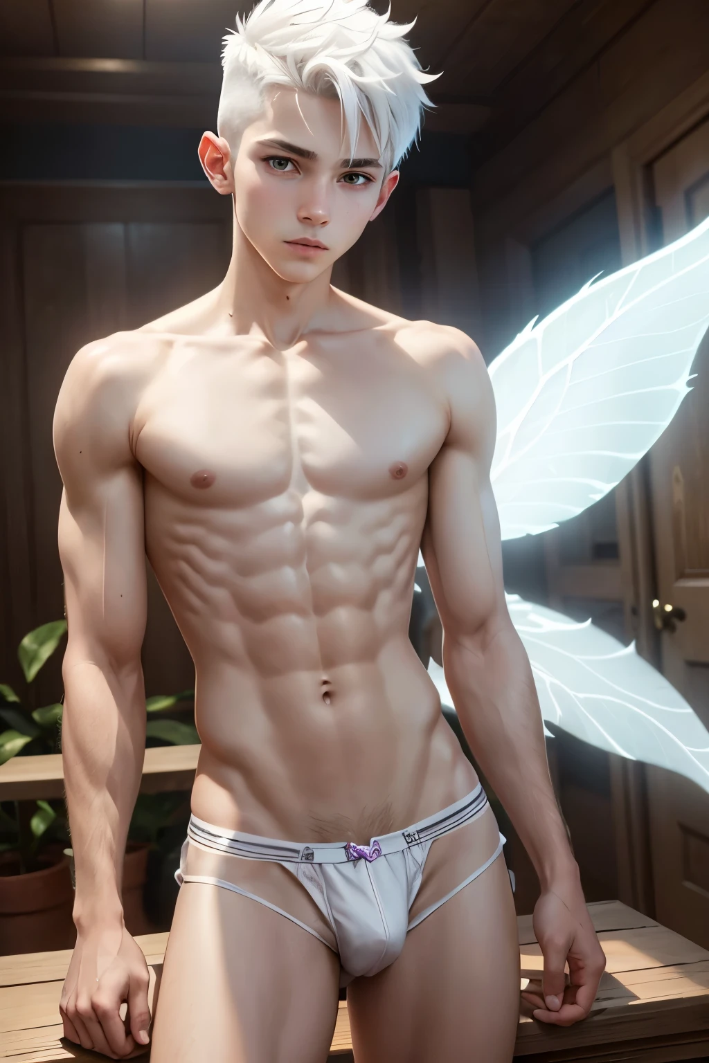 1boy, young male, , fairy, innocent face, cute face, youthful face, white eyes, fairy wings, white fairy wings, medium hair, white hair, undercut, hair half shaved, thin body, muscular, short, sexy, skimpy, jockstrap, loincloth, minds eye, psychic, psionic