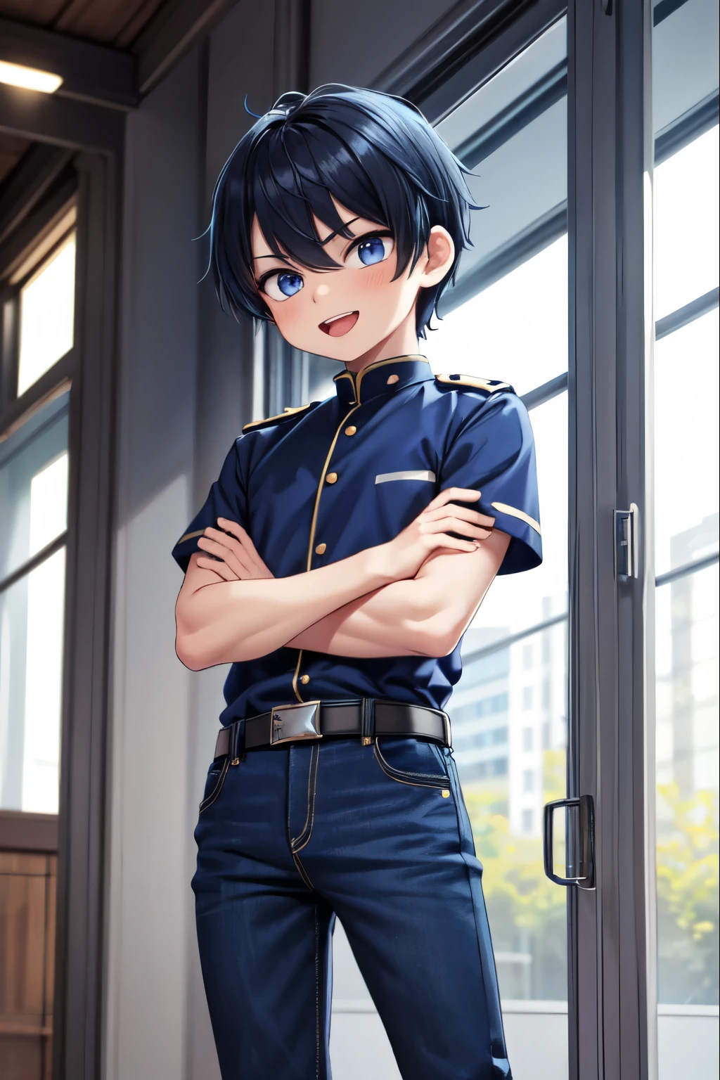 1boy, one boy, blue iris, skinny man, black hair, black and blue hair, happy mouth, a blue strand hair dye on the front left, 1.8m tall, 20 years old, blue uniform, elegant jeans, black sneakers. white skin, crossed arms.