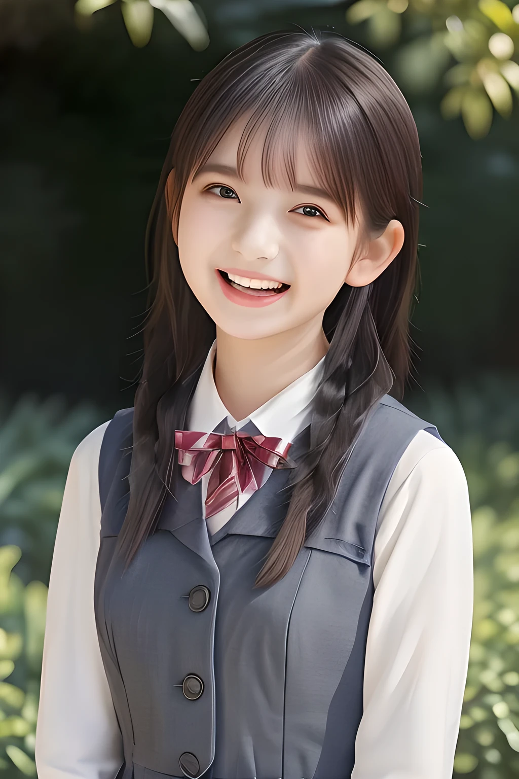 (highest quality, masterpiece, high resolution:1.2), 4K, (Photo quality detailed face: 1.2), (Giorgione painting style: 0.8), geometry, ( cute girly Japanese girl with very detailed graceful cute smiling face: 1.2), Laughing cutely, (neat girly white short-sleeves school blouse: 1.0), (puffeort sleeves: 1.0), (big sharp breast: 0Dark red glossy school ribbon on the breast: 1.0), (gray Japanese school girly vest Uniform: 1.2), (Extremely laughing cheeks: 1.0), (Beautiful light-amber cute-dolly large clear laughing 14yo noble princessess with very detailed cutely: 1.4), (Long bottom eyelashes: 1.2), (Glossy lips: 1.0), (braids under her ears: 1.3)