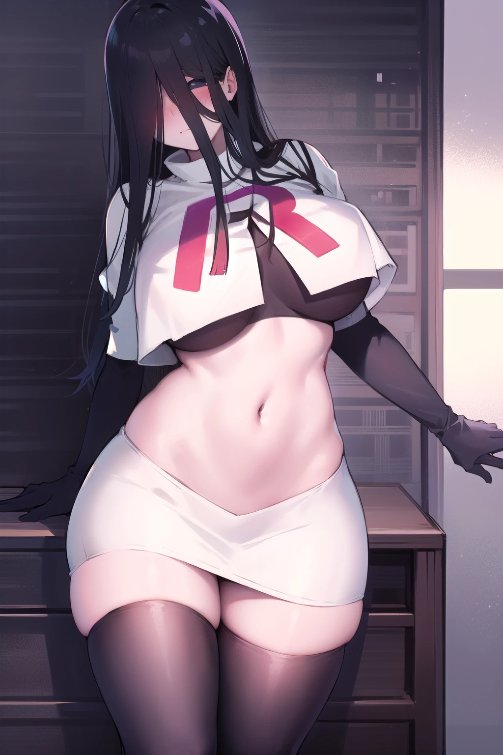 masterpiece, detailed, high quality, absurdres, sadako, (hair over eyes), pale skin, blush, large breasts, curvy, navel, stomach, groin, team rocket,team rocket uniform,white skirt,red letter R,crop top,black thigh-highs,black elbow gloves, cowboy shot,