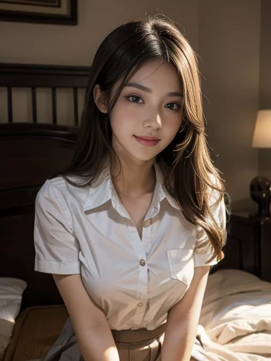 (1girl:1.3), Masterpiece, Best quality, amazing beauty, 4K, absurdres, finely detail, super detailed eye, perfect anatomy, official art, cinematic lighting, BREAK, school, School, silky medium long hair, black hair, super shiny detailed brown eyes, Staring Intently, Turning Head Away, open-mouth, closed-mouth smile, shy face, BREAK , big breasts, white skin, pale skin, Are standing, standing, full body, BREAK , (school uniform:1.2), BREAK,()				