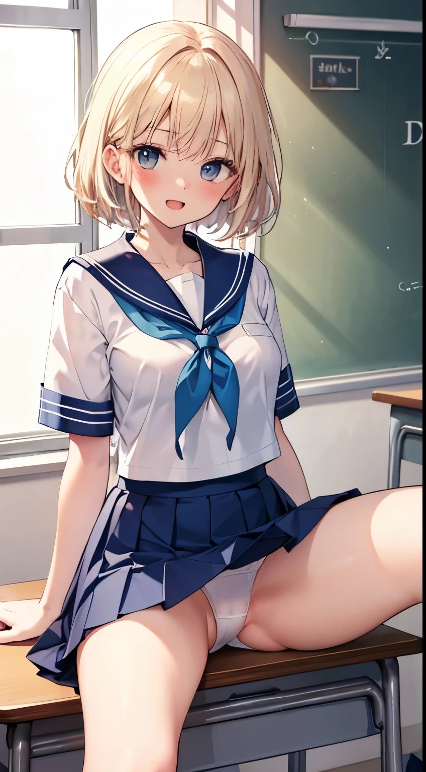 master piece, best quality, Blue sailor collar, blue skirt, short sleeves, white shirt, White socks, Serafuku, pleated skirt, School uniform, sitting, classroom, white panties, (spread legs, open legs, knee up), naval, groin, perineum, leaning back, body tilt, open mouth, blush, medium breasts, arms behind back, cowboy shot, dutch angle