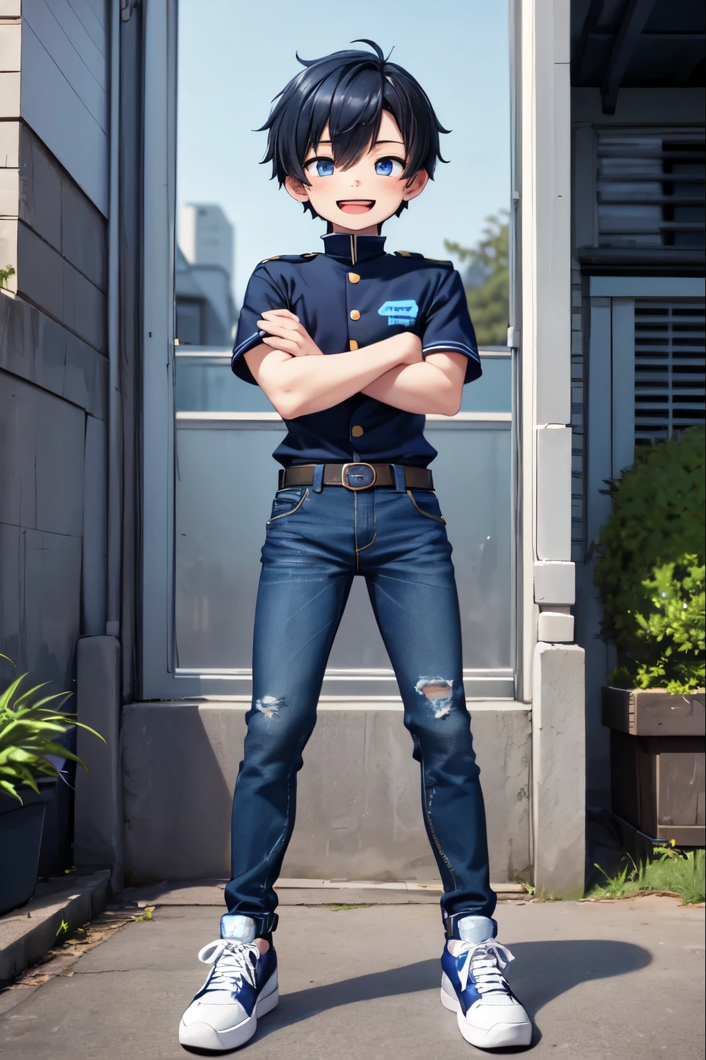 1boy, one boy, blue iris, skinny man, black hair, black and blue hair, happy, happy mouth, a blue strand hair dye on the front left, 1.8m tall, 20 years old, blue uniform, elegant jeans, black sneakers. white skin, crossed arms.