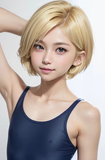 ((cowboyshot:1.3)),armpits,Create a photo of a korean Asian teenager,((beautiful cute idol girl:1.5)), ((blonde short hair:1.5)),yo,narrow eyes:1.5,slim face,slim neck,((thinbody：1.5)),white tite tanktop,((rasping)),((frat chest)),((clavicle)),((ribs)),((Narrow eyes：1.5))、((Narrow eyes：1.5))、(Thin arms)、(Thin neck)、（Thin lips）、Smile、Beautiful armpits：1.5,Sticking out a long tongue、Open your mouth、Cute expression、Hairless、((slimarms:1.5)),small face:1.4,(Navy blue new school swimsuit：1.5）,