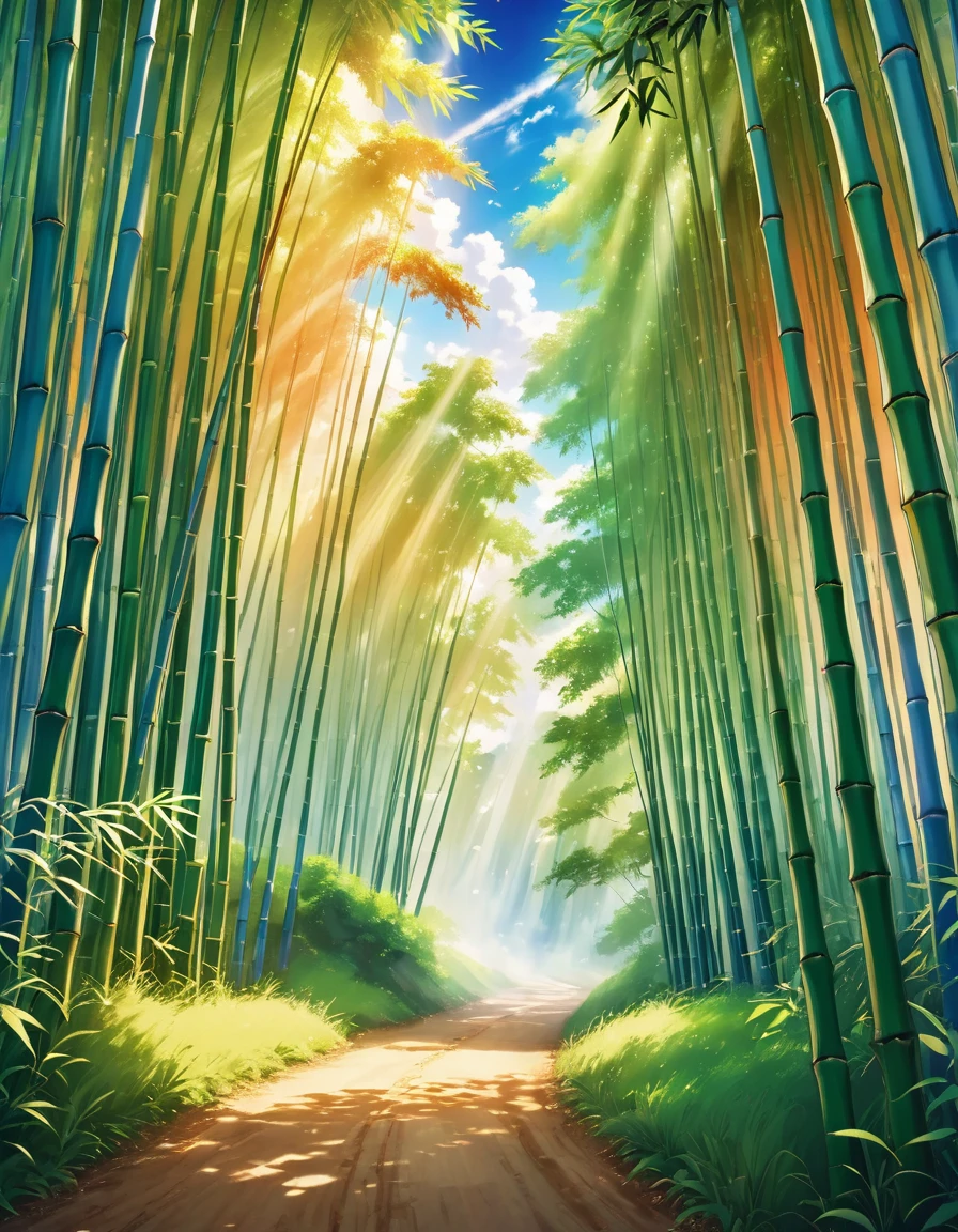 In this breathtaking scene, a majestic bamboo grove sways gently in the soft breeze, its delicate green leaves rustling softly amidst warm sunlight filtering through the canopy above. A winding dirt path meanders through the tranquil landscape, inviting exploration. In the distance, a vibrant nebula glows bright orange and blue, set against a backdrop of twisted clouds. The air is filled with magic as the camera captures every detail in ultra-high definition, with physically-based rendering creating an immersive experience. The scene is bathed in studio lighting, with sharp focus and vivid colors bringing the fantasy world to life in anime style.