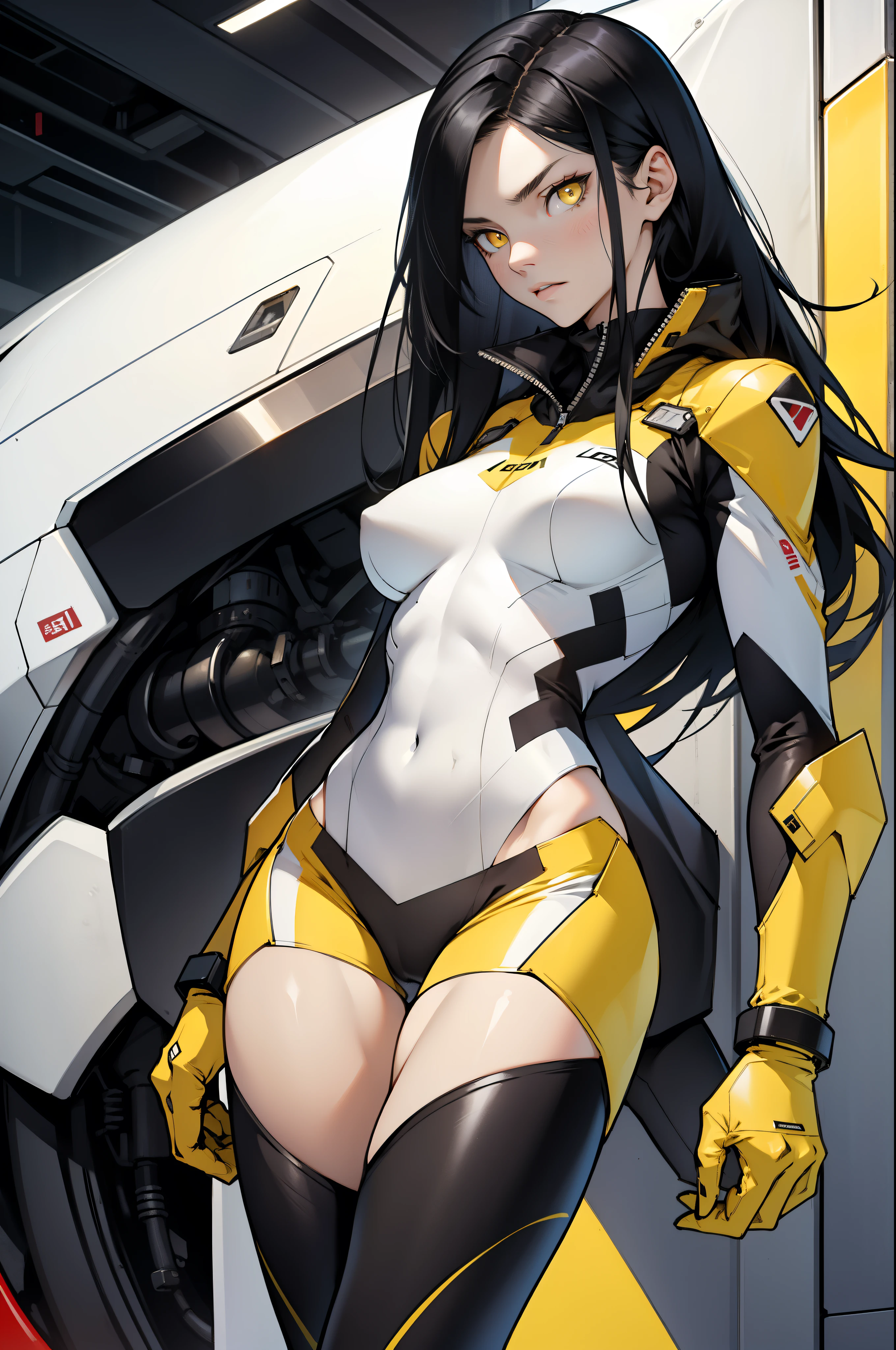 1 girl, black hair, yellow eyes, very long hair, pale skin, fit body, slender body, slim waist, large breasts, (confident expression), pilot suit, thigh gap, bare thighs,