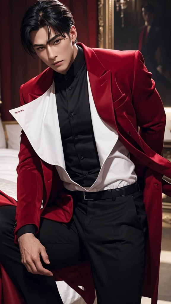 a muscular man, handsome detailed face, short black hair, open blood red velvet jacket, sexy expression, looking directly at viewers romantically, black undershirt, black pants,