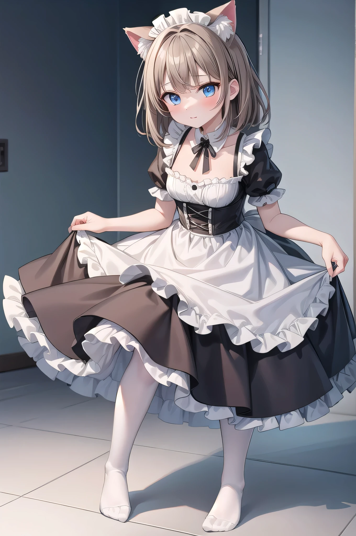 Solo Girl, 20-year-old,Medium Hair, Light brown hair, Mid-chest, highest quality, High resolution, Very detailed, Detailed Background, Perfect lighting、Extreme maid outfit、very cute, Blue eyes, a pair of cat ears, Blush, white silk socks, White pantyhose, Show off your feet, No shoes on, bedraggled, translucent