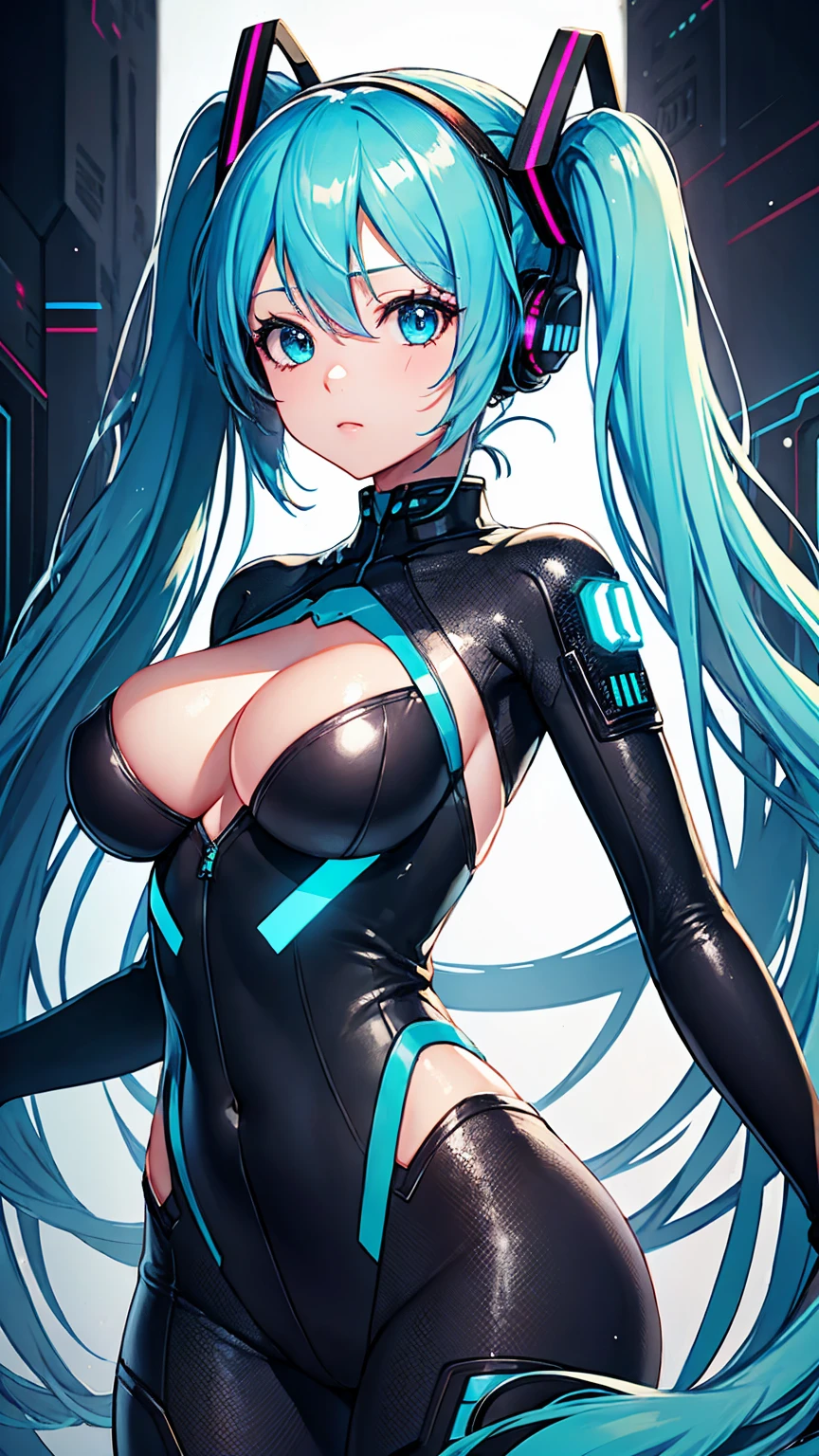 Hatsune Miku Vocaloid, Twin tails, Bright Blue Eyes, Light blue hair, Pichi Pichi body suit, ((Taimanin Suit)), cyber punk, Ultimate Physical Beauty, Beautiful Eyes, Big Breasts, 8k CG, Highest quality, Best image quality