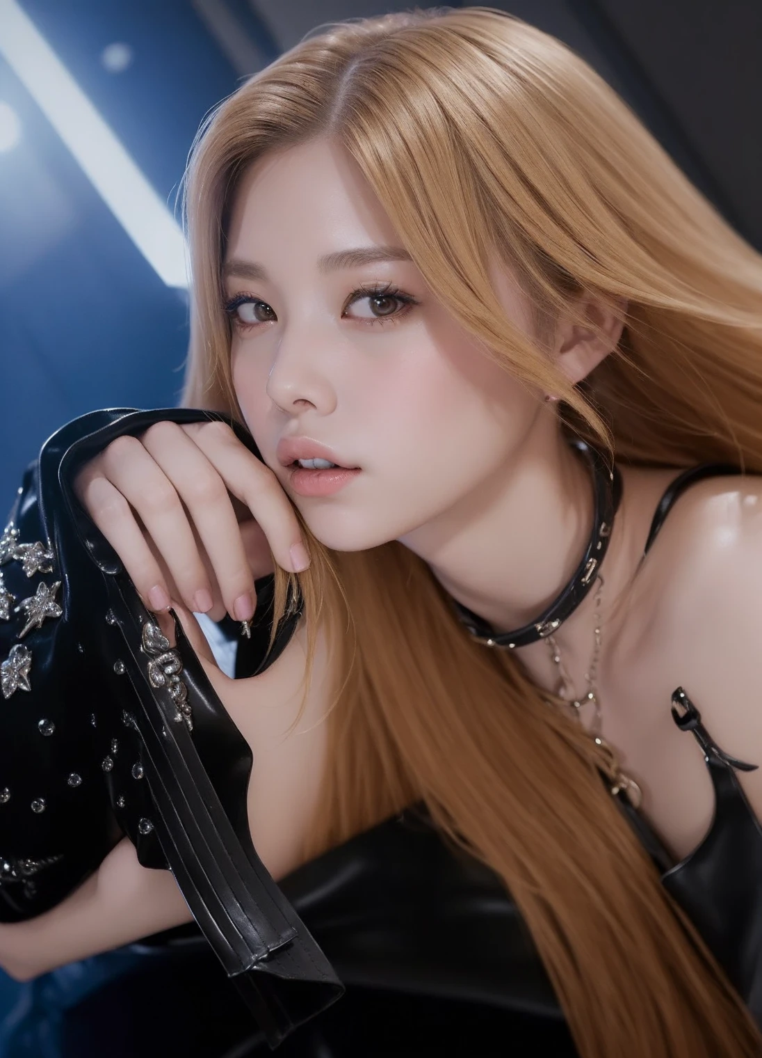 (princess carry:1.5), (masterpiece), (cowboy shot), A realistic photograph of (2 women), she has very short bowl cut hair, she is wearing  (luxury black horsehide pants) and (luxury black horsehide jacket), (the woman is satisfied), dark theme,  (looking at viewer), in a dark bedroom at night,  