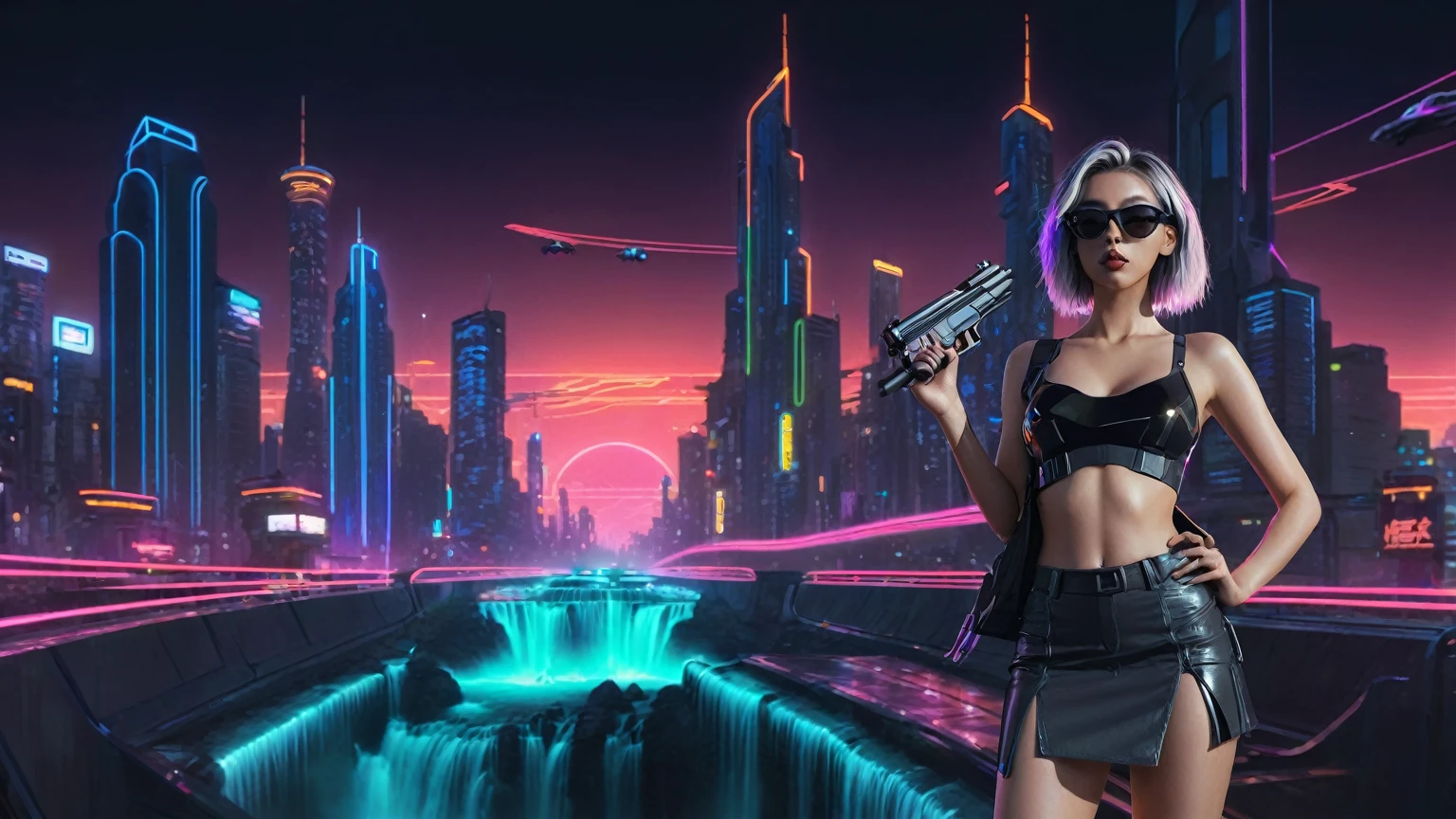 At night, simple outlined cyberpunk city, flying cars, neon waterfall, line art background. (1girl, solo), photo realistic, medium-breast:1.lim body, cleavage, sling top, miniskirt, black sunglasses, holding a short gun, half-body thigh level medium shot, cinematic lighting, ray tracing.