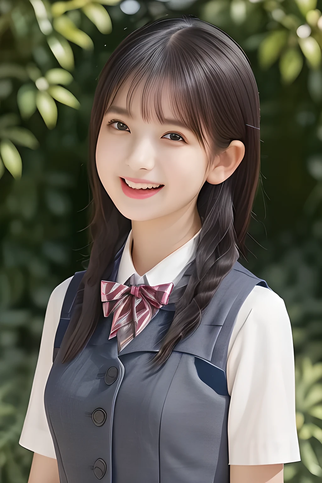 (highest quality, masterpiece, high resolution:1.2), 4K, (Photo quality detailed face: 1.2), (Giorgione painting style: 0.8), geometry, (16 yo cute girly Japanese girl with very detailed graceful cute smiling face: 1.2), Laughing cutely, (neat girly white short-sleeves school blouse: 1.0), (puffed short sleeves: 1.0), (big sharp breast: 0.8), (Dark red glossy school ribbon on the breast: 1.0), (Light gray Japanese school girly vest Uniform: 1.2), (Extremely laughing cheeks: 1.0), (Beautiful light-amber cute-dolly large clear laughing noble princesses eyes with very detailed cutely: 1.4), (Long bottom eyelashes: 1.2), (Glossy lips: 1.0), (braids under her ears: 1.3), (Full body shot: 1.0)
