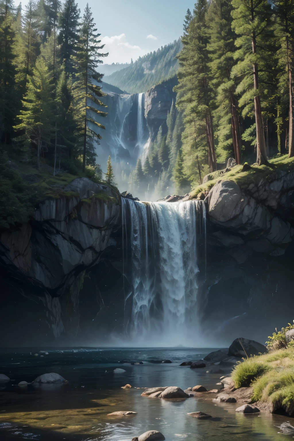 "(best qualityer, 4K, 8k, high resolution, work of art:1.2), ultra detali, (realisitic, photorealisitic, photo-realisitic:1.37), monumental waterfall, oil painting, Dramatic, mighty, cascading, thunderous, mountains collapsing, seas pouring, inspirational, dynamic, sparkling rainbows, mist, water drop spray, rocks and boulders, lush vegetation, HDR, studio lighting, swirly vibrant colors, warm and cool tones, interaction between light and shadow."
