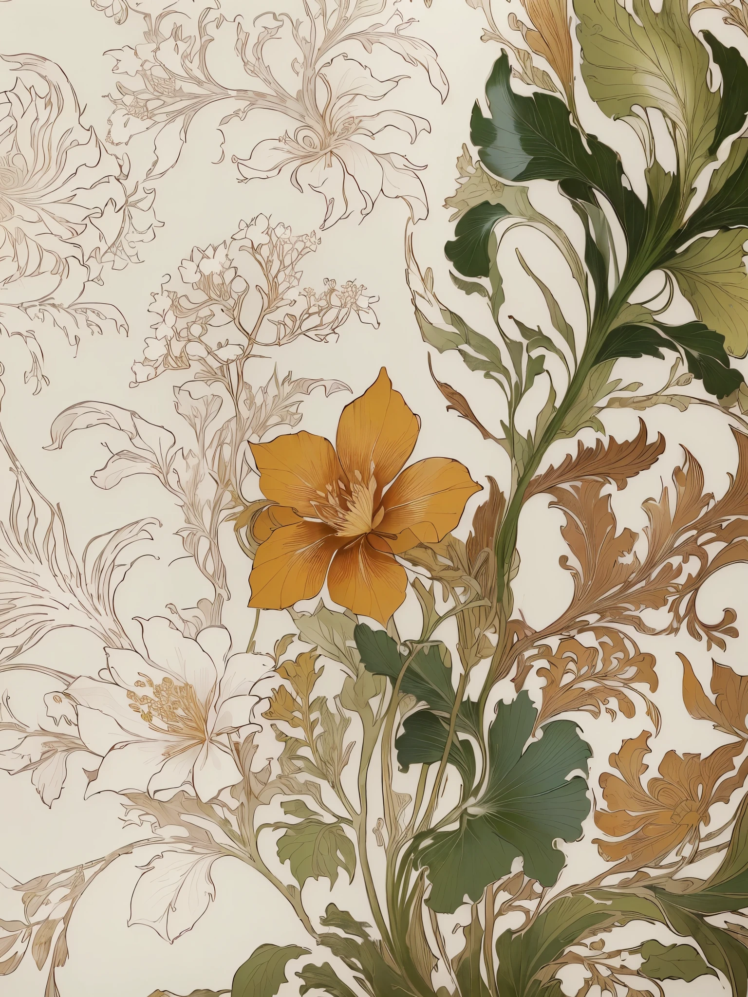 There is a picture of cherry blossoms.,There is a close-up of a flower in the middle,With leaves and flowers, Art Nouveau植物药, Art Nouveau, Inspired by Charles Morris DeMoult, James Jean & Alphonse Mucha, Inspired by Alexandre Cabanel, Alphonse Mucha in detail, Inspired by Eugene Glaser, Art Nouveau壁纸, 受到威廉·莫里斯of inspiration, Frederick Goodall (Frederick Goodall) of inspiration