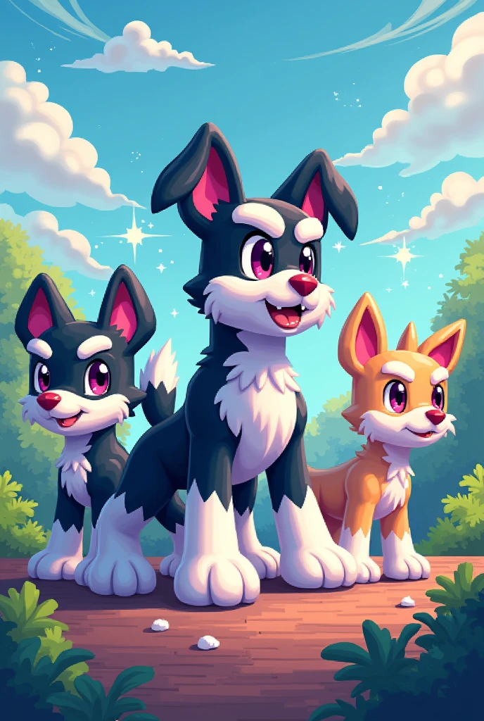 Create a Pokémon based on a black and white pixelated Schnauzer dog like in video games and its two evolutions