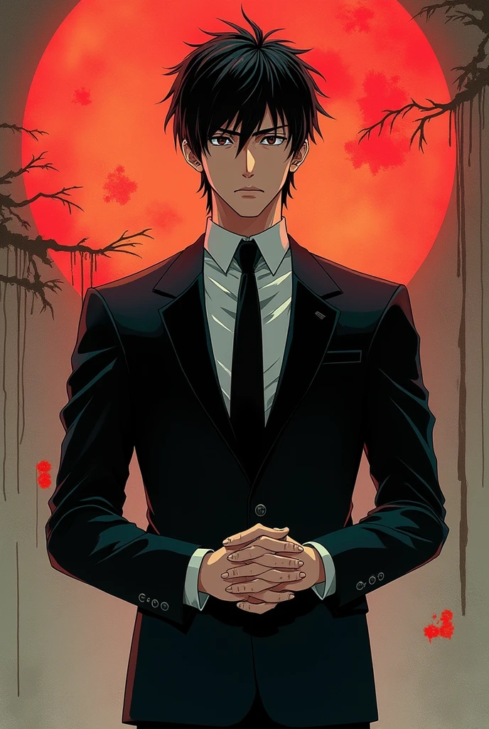 A man in a black suit and black tie is standing with his hands clasped., spike spiegel, with index finger, Yukio-e, JUJUTSU KAİSEN, Otaku de Ganga, Gendo Ikari smoking a joint, killua zoldyck black hair, beautiful anime pose, aramaki Shinji, trigger anime art style