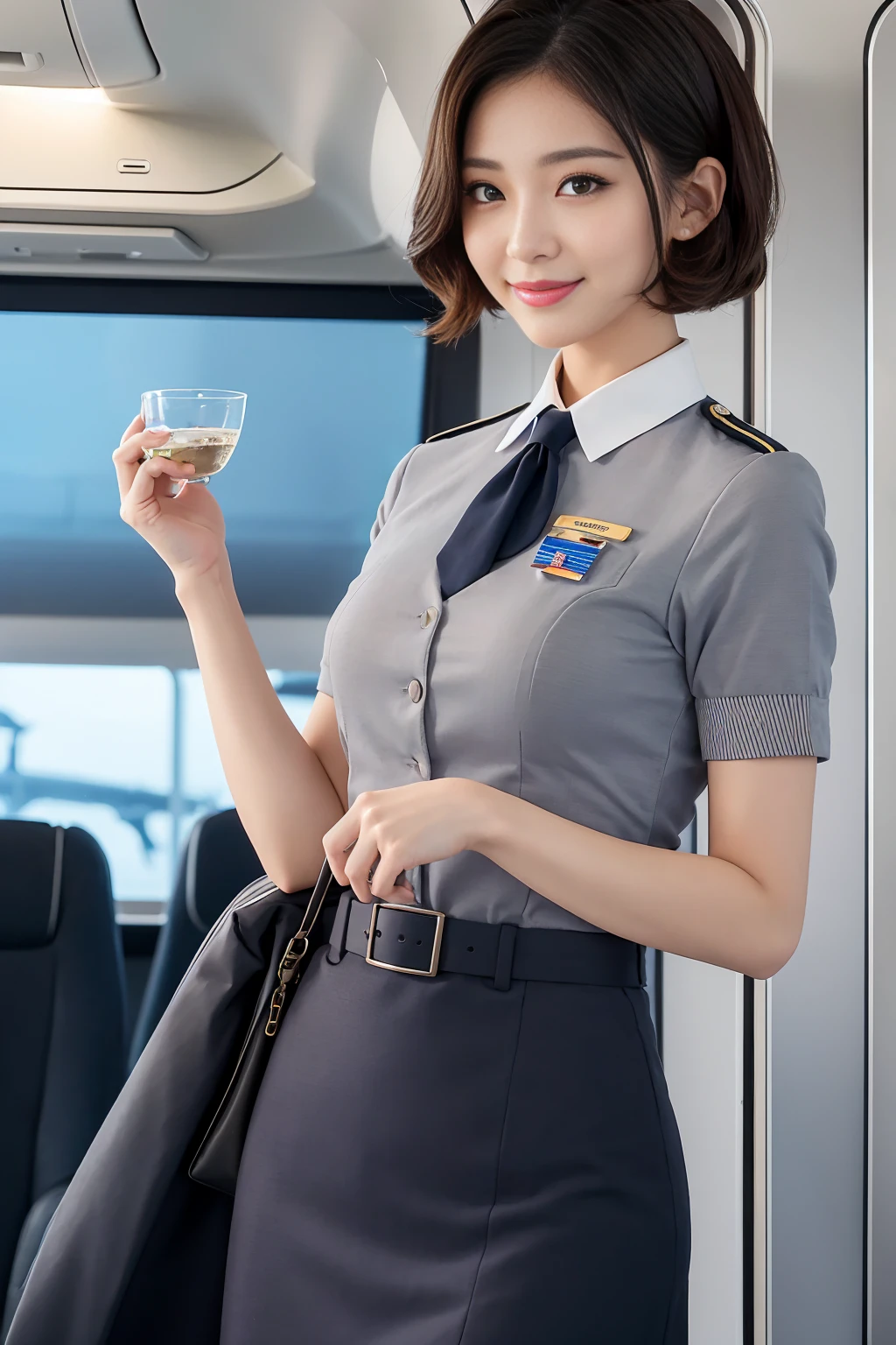 A beautiful American woman wearing an airline stewardess uniform,、Random pose scene。She has a charming smile、Keeping your gaze on us。The hairstyle and hair color are randomly set.、short hair、Long Hair、Long Wavy Hair、Bob Hair、Black Hair、Brown Hair、such as blonde、It should allow for a variety of styles,。The background should be set in an airplane cabin or an airport lounge,、with an air of aviation.。The uniform should be tight,、and be designed to accentuate her silhouette,、with particular attention to texture and detail.。and ideally include details like the airline logo and name tag.。Focus on the woman's facial expression and pose、with her alluring smile and captivating eyes, should be depicted.。The overall atmosphere should be both professional and sexy,、maximizing her beauty.。