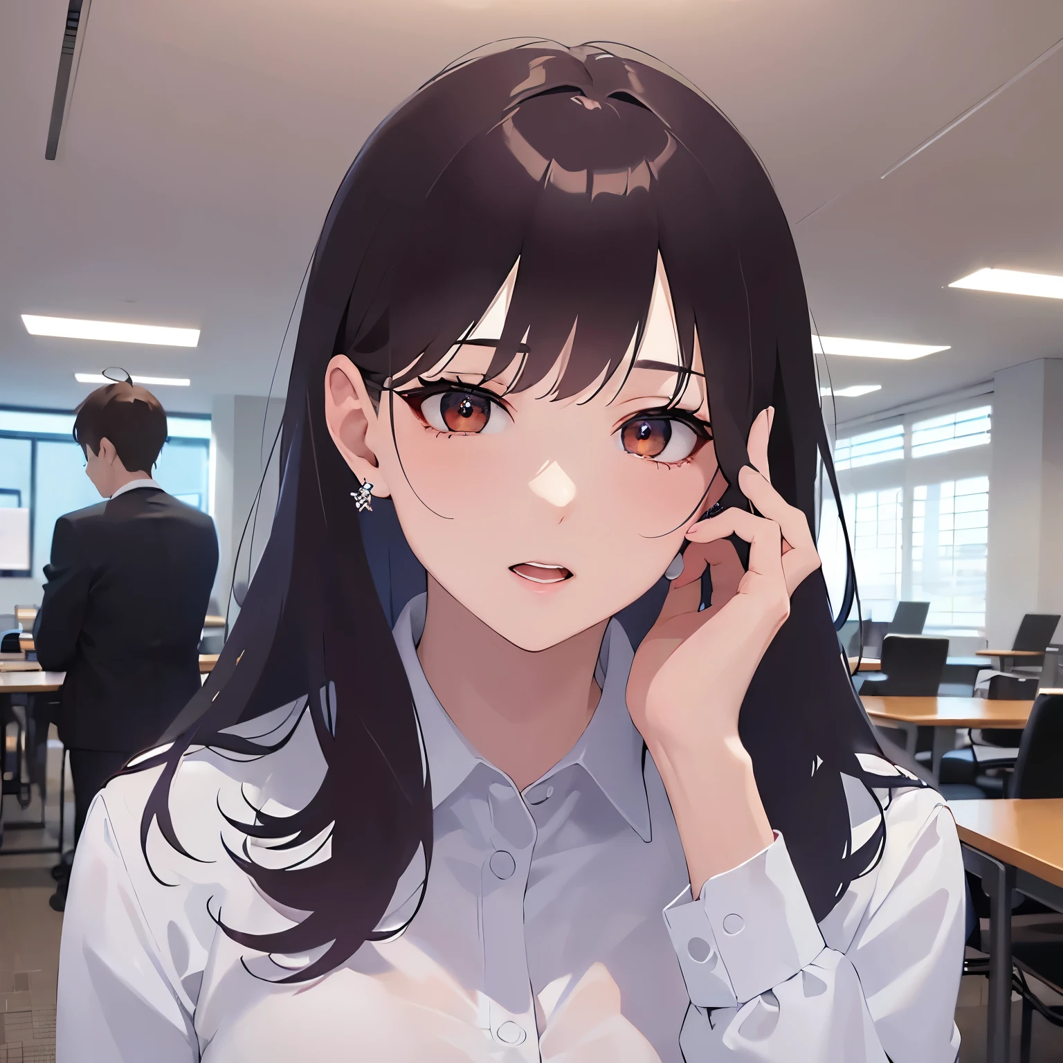 (looking at viewer:1.5)Upper Body, hand on own face、
Realistic, real person, (pale skin: 1.2), RAW photo, photorealistic, shiny skin, shiny hair、(A 25-year-old woman with medium-length hair and bangs) and (wavy hair) and (brown hair) and (orange eyes) ,
(Wearing a business suit:1.5) and (Wearing a white collared shirt)、
Serious、open mouth,The background is the conference room、Are standing、(alone:1.5)
