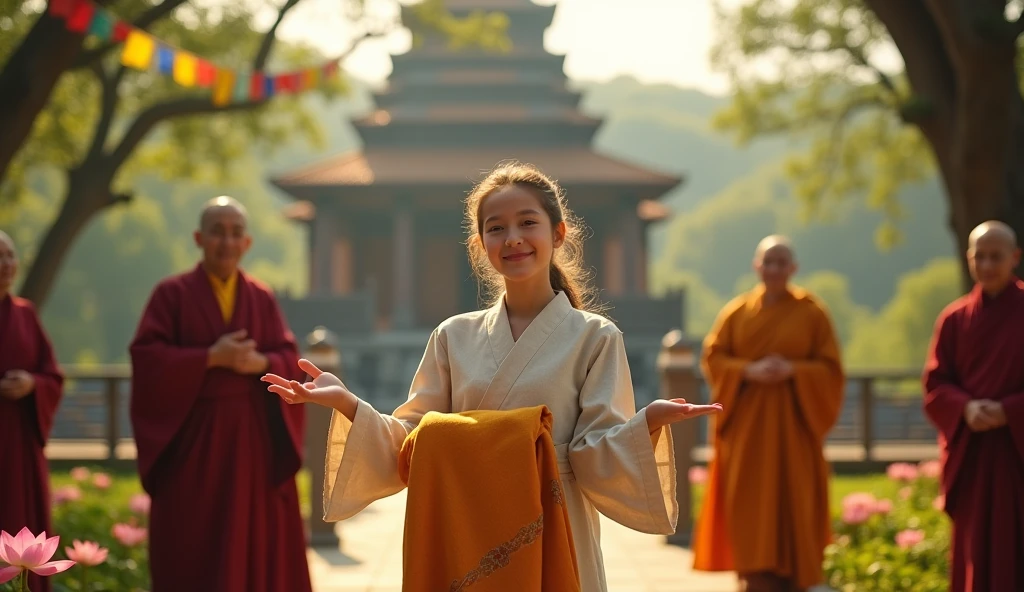 The girl offering robes to monks