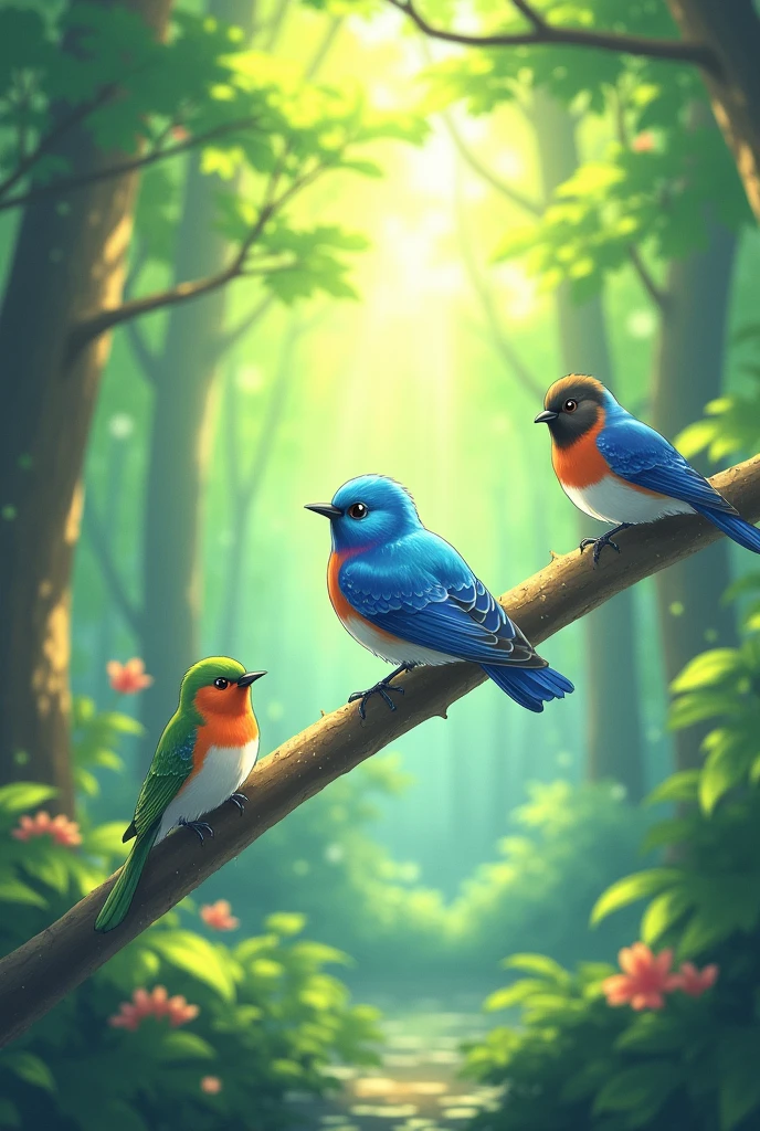 Anime illustration,A small bird perches on a branch、Surrounded by other birds in a sunlit forest,pop