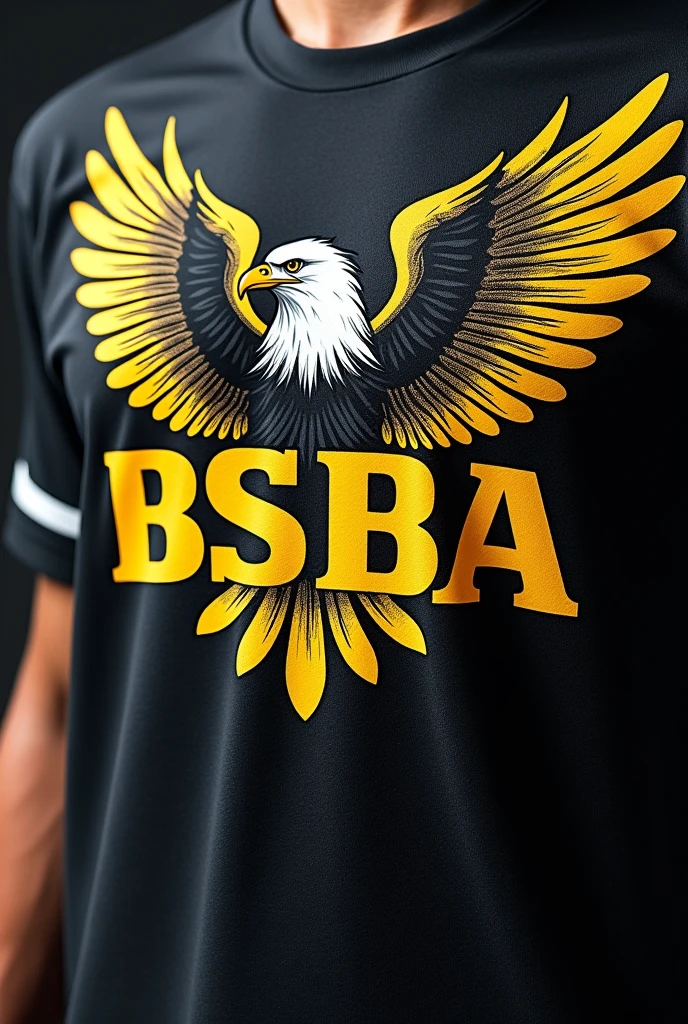 create a tag name " BSBA " then used a creative font with a drawing eagle with color yellow and black combination make it more realistic becasuse its a" logo" and put it in a jersey shirt