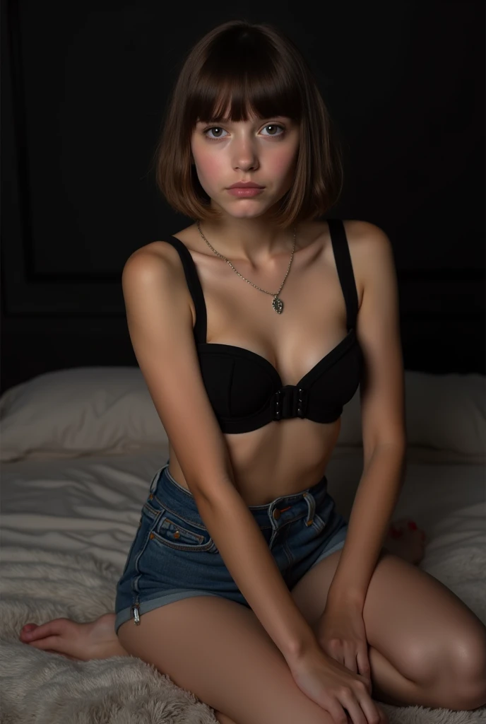 **** girl, (bob Hairstyle). Wearing black full body harness, show shoulders, cleavage, natural big breast, show big thigh, plump body, denim hot pants. sitting on the bed. Dark background. (Malaysia female).