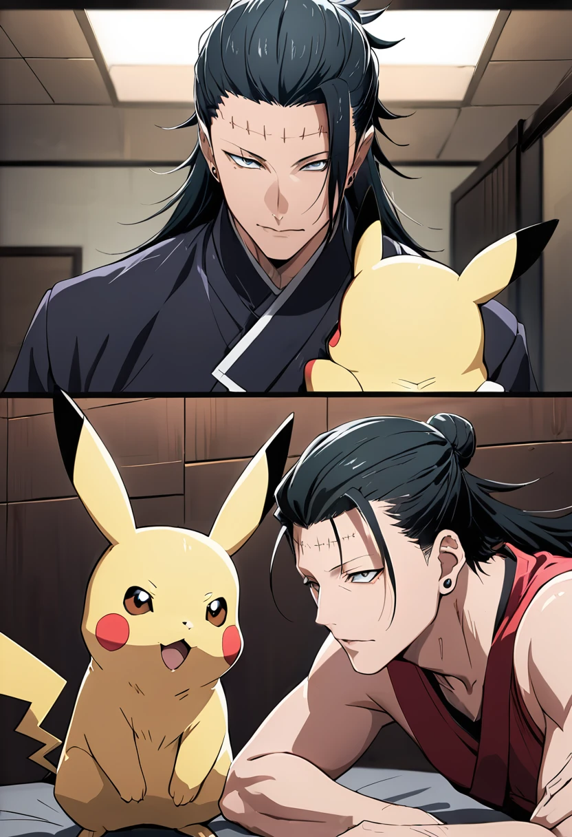 (masterpiece, best quality),Scene where getou suguru(from jujutsu kaisen,black long hair) and pikachu face off,