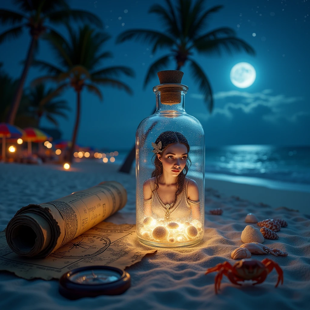 A photograph of a beautiful female genie in a clear quartz bottle playing a mobile game on her phone, with the bottle on beach sand, a tropical beach landscape, a curious crab beside it, a palm tree in the background, some beach umbrellas in the distance, seashells around the bottle glowing in the moonlight, a constellation in the night sky, the bottle having an ancient inscription, and a shipwreck in the distant ocean, in the style of cinematic still life photography, masterpiece, with an ancient map rolled up and an old, weathered compass near the bottle, detailed face