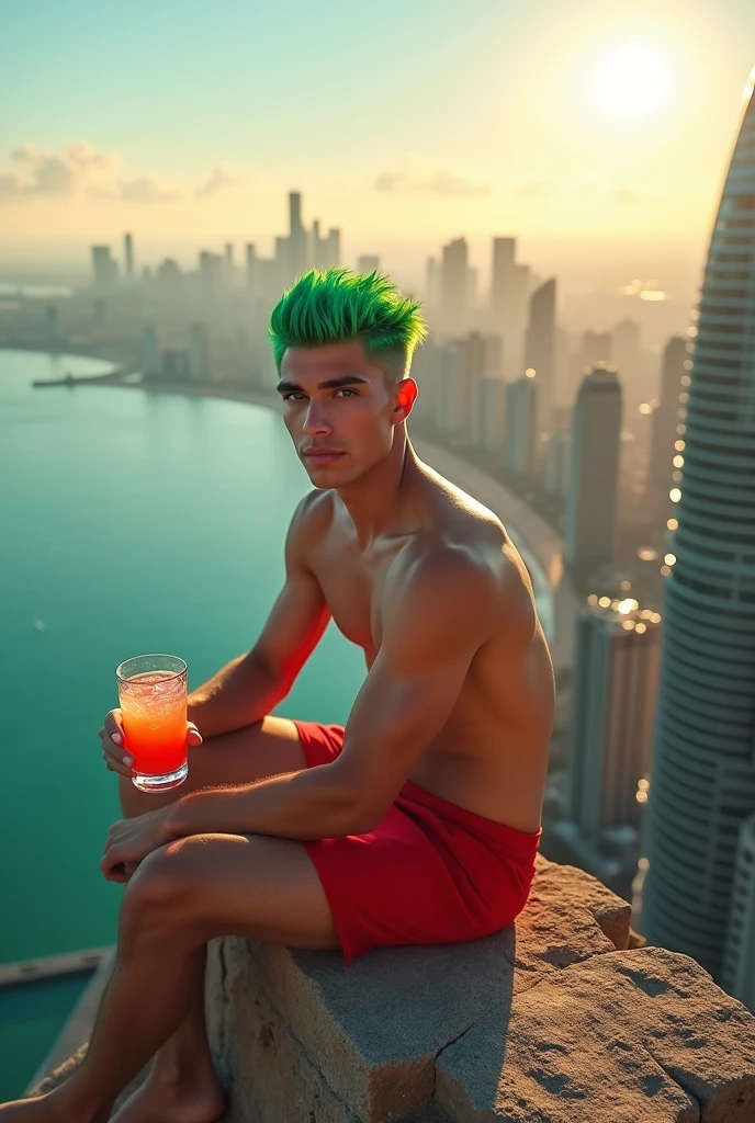 A masculine 24-year-old man with green eyes, green hair, fair skin, a footballer's hairstyle, and full lips sits on a stone high up on a building overlooking the sea in a metropolitan city. In his hand, he holds a crystal glass with a pink orange juice., He wears a red slip and smiles subtly