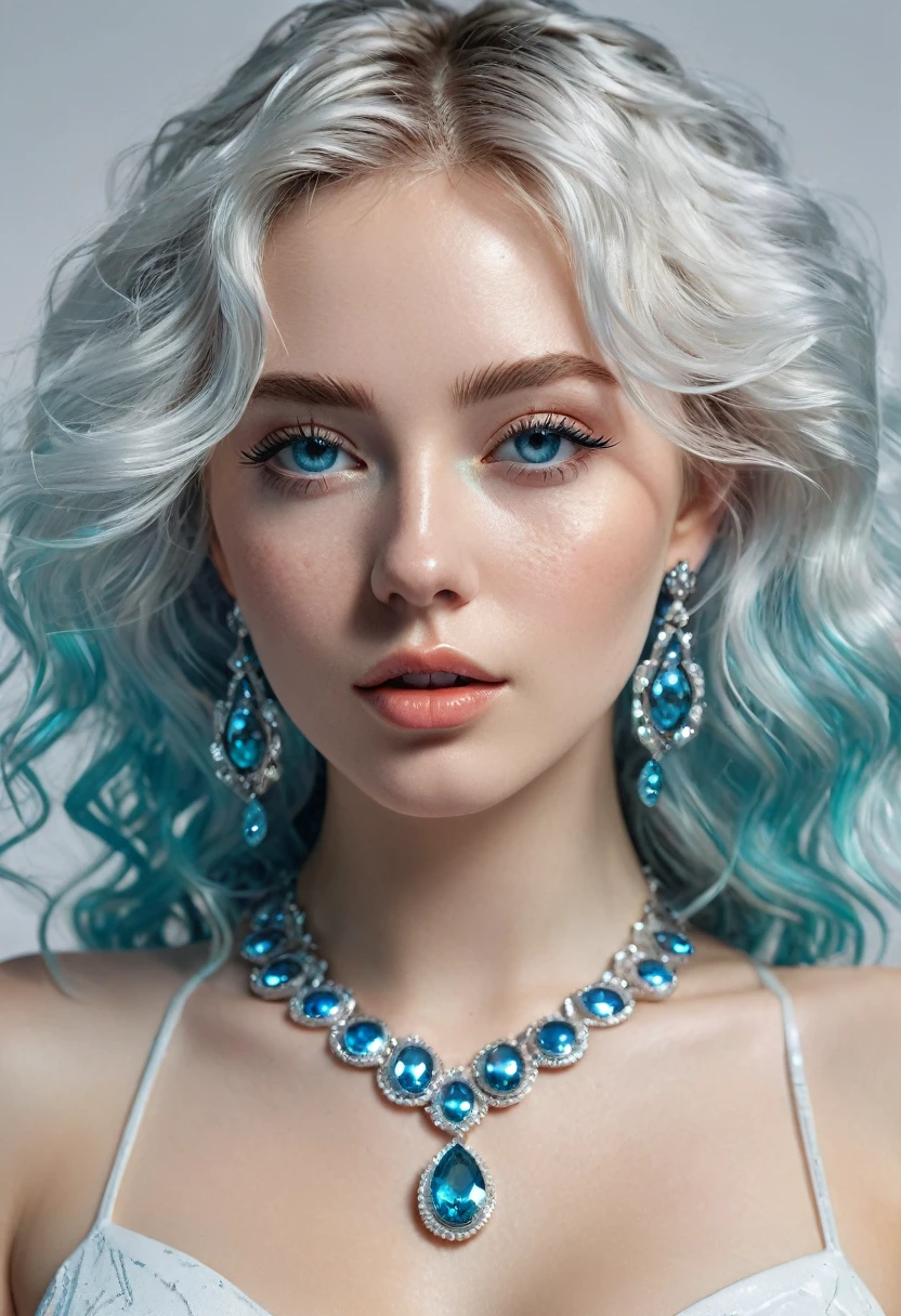 (full body shot:1.5), ultra detailed beautiful woman, 18 year old woman, stunningly beautiful, (extremely complex:1.5), (photorealistic:1.4), ultra-detailed white wet transparent outfit, (sensual pose), (obscene face), sexy lips, Wife, ,big breasts, shyness, hip gap, Beautiful, Cute, cute, perfectly proportional body, perfect framing, (her whole body is covered in hair:1.6), a necklace made of blue gemstones, earrings, blue shadows are visible on the eyelids and eyeliner on the eyes, very long eyelashes, Stunningly beautiful face, Focus on the face, holographic, Light particles, very detailed photo, a high resolution, Very bold and bright colors, permission 32K, Best quality, Volumetric lighting, "Best quality", "masterpiece", Supermodel's face, detailed face, pale white skin, [[skin with freckles]], (((White wavy hair))), ultra realistic, high quality detailing, cover, capricious,  decrease, depth of field, art station, (luminism), (((cinematic lighting))), Orange & Turquoise, soft light, [Summer weather: Sunset Weather:2.5] 4k resolution, Octane render,