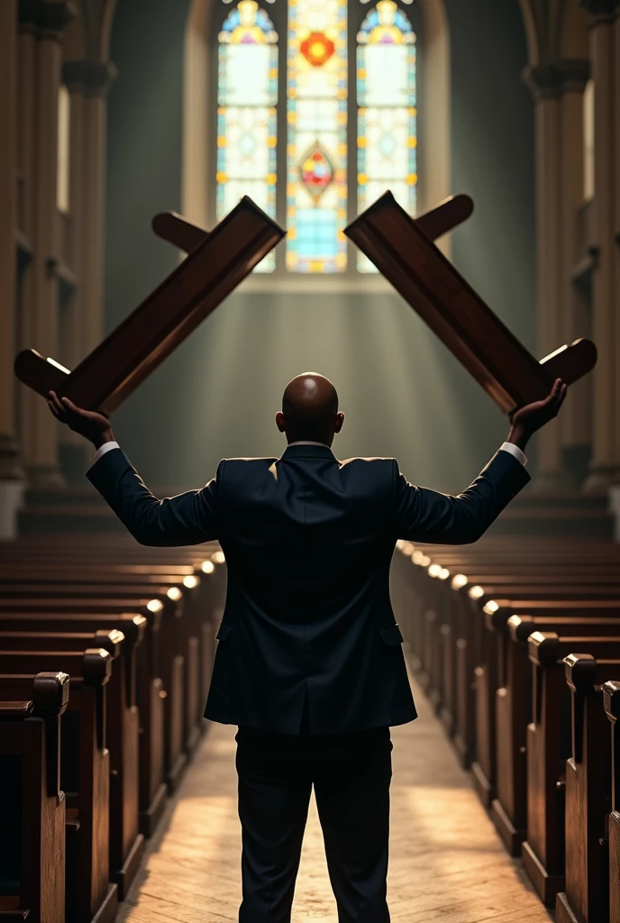 Dark skin man, bald man in a suit lifting church benches with telekinesis, lifting the benches with telekinesis