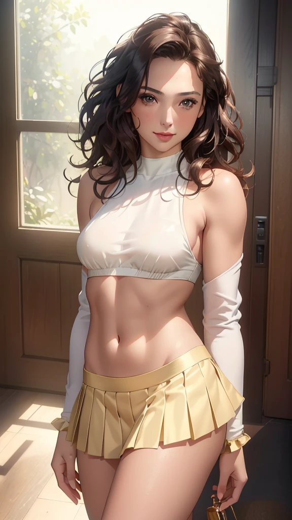 (Best Quality, ultra-detailed, photorealistic: 1.39), bright and vibrant colors, studio lighting, romantic expression, masterpiece, Medium round breasts, (1 girl of 25 years), ((DARK hair: 5.2, long wavy and messy, hair over one eye)))), brown eyes, double eyelids, light effect in the eyes, medium hips , Red long sleeve blouse, small pleated skirt, Mischievous smile, ((attractive body)), Alone, Best Quality, masterpiece, portrait, Flirting with the viewer, sensual pose, detailed, perfect anatomy, detailed art, High Definition, 4k , High resolution, inside the farmhouse, Beautiful and sensual sexy, Romantic scenery with professional lighting full of brilliant details.