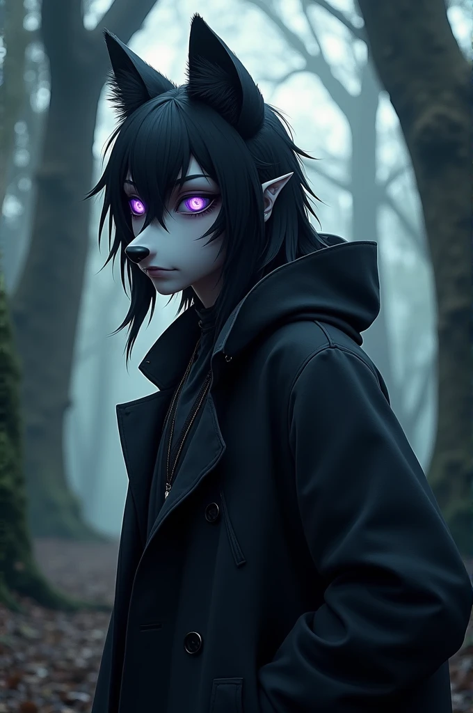 Wolf Boy, furry, wolfish appearance, black clothing, emo style, black hair, straight hair, purple eyes, wolf snout, Long black jacket, delgado.