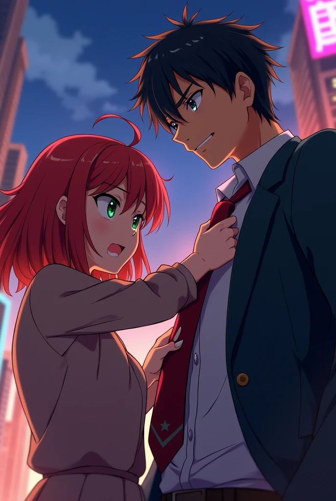 An angry girl possessively grabbing a confident boy's tie, who is taller than her, in anime style.