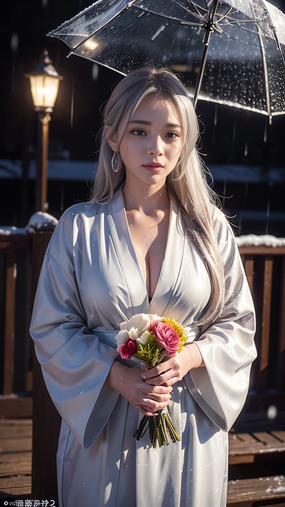 (RAW shooting, Photoreal:1.5, 8K, highest quality, masterpiece, ultra high resolution), (((heavy snow))), perfect dynamic composition:1.2, (In front of a shrine at night in a modern city, expression of sadness:0.9, Tears are flowing:0.9, cry with a broken heart:0.9), Highly detailed skin and facial textures:1.2, Slim office lady wet in the rain:1.3, cowboy shot, Fair skin:1.2, sexy beauty:1.1, perfect style:1.2, beautiful and aesthetic:1.1, very beautiful face:1.2, water droplets on the skin, (rain drips all over my body:1.2, wet body:1.2, wet hair:1.3), (Holding a wet bouquet:1.2, Wearing a wet silver kimono correctly:1.35), (Medium chest, Bra is transparent, Chest gap), (Eyes that feel beautiful eros:0.8), (Too erotic:0.9, Bewitching:0.9), necklace, earrings, bracelet