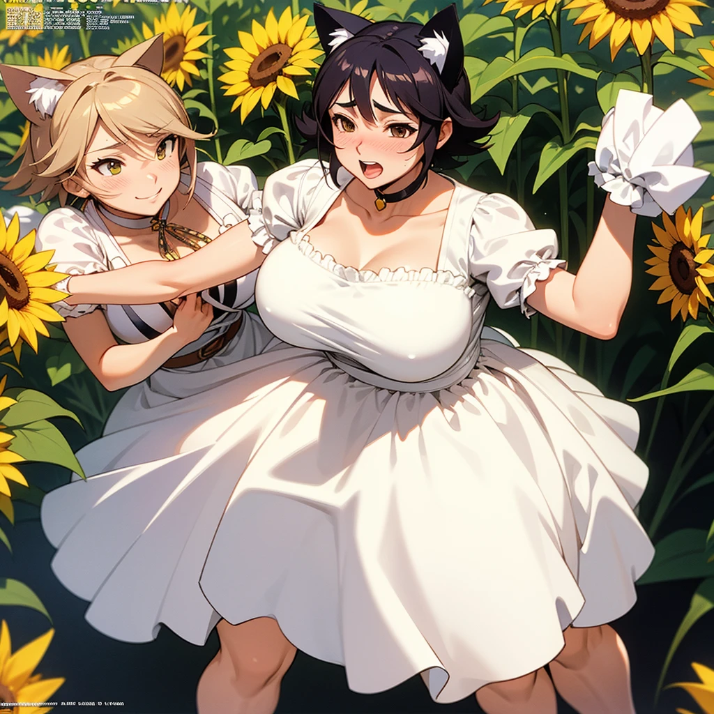 Kōsuke Fujishima style , Anime magazine pinup , clothed erotica , furry cat woman , wide hip , thick body , round face , light summer dress , Sunflowers are blooming , heart is beating fast with anticipation , apart melons